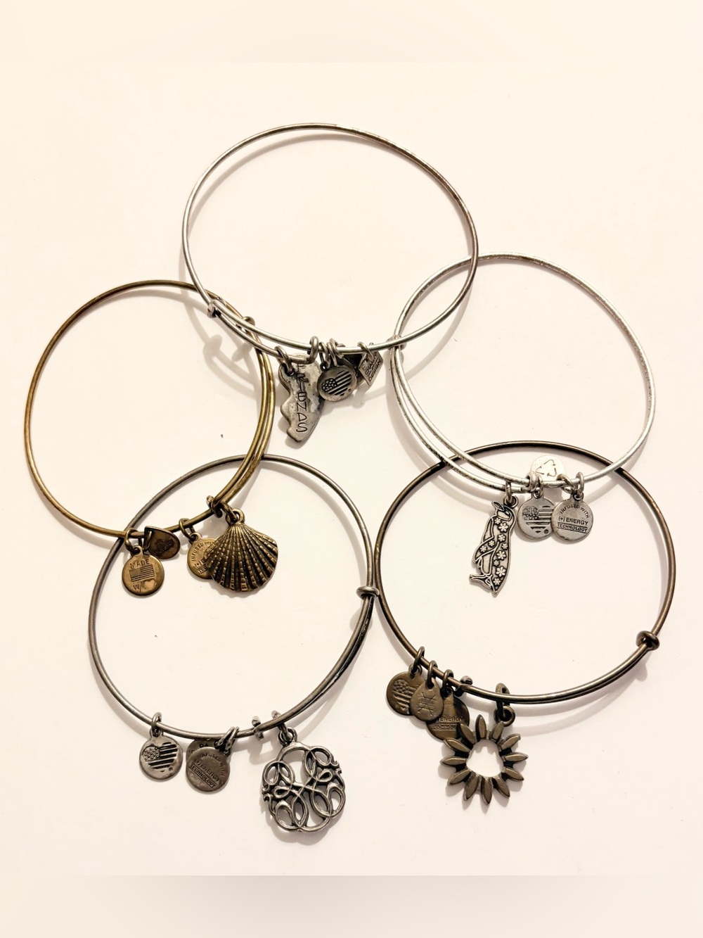 Alex and Ani Mixed Silver and Bronze Charm Bangle Set of 5